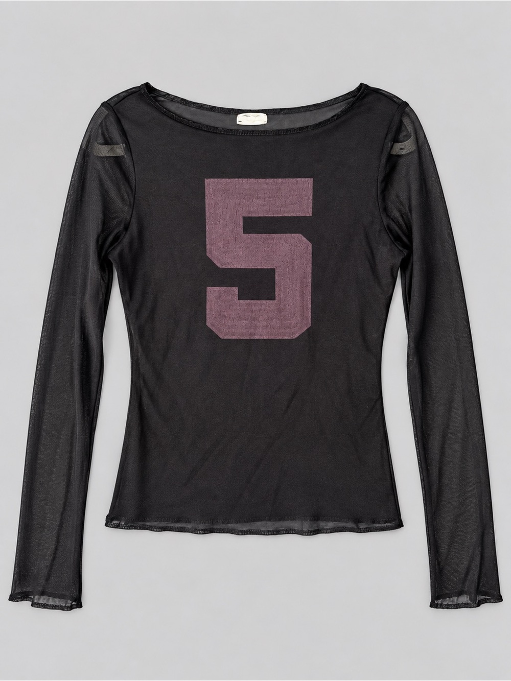 Y2K Black Mesh Long-Sleeve Top with Plum Graphic '5'